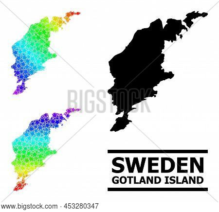 Spectral Gradiented Star Collage Map Of Gotland Island. Vector Colored Map Of Gotland Island With Sp