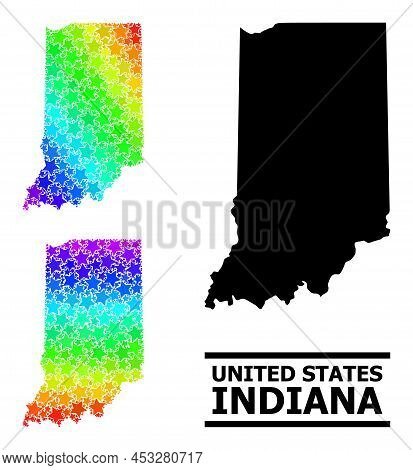 Spectral Gradiented Star Mosaic Map Of Indiana State. Vector Colorful Map Of Indiana State With Rain