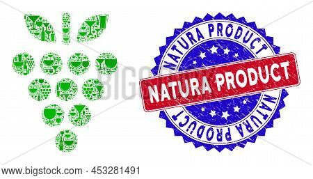 Vector Grapes Icon Wine Mosaic And Grunge Bicolor Natura Product Seal Stamp. Red And Blue Bicolored 