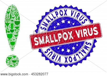 Vector Exclamation Sign Icon Wine Mosaic And Grunge Bicolor Smallpox Virus Seal Stamp. Red And Blue 