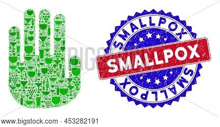 Vector Stop Hand Icon Wine Mosaic With Grunge Bicolor Smallpox Stamp. Red And Blue Bicolored Stamp W