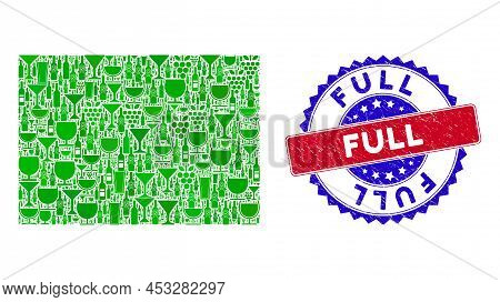 Vector Filled Rectange Icon Wine Mosaic With Grunge Bicolor Full Seal Stamp. Red And Blue Bicolored 