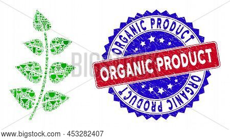 Vector Leaf Branch Icon Wine Collage With Grunge Bicolor Organic Product Seal Stamp. Red And Blue Bi
