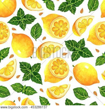Lemon And Mint Leaves Seamless Watercolor Pattern. Fresh Garden Citrus Whole, Half, Slice. Exotic De