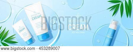 Ad Banner With Moisturizing Cream Products. Vector Illustration With 3d Bottle And Tubes Of Moisturi