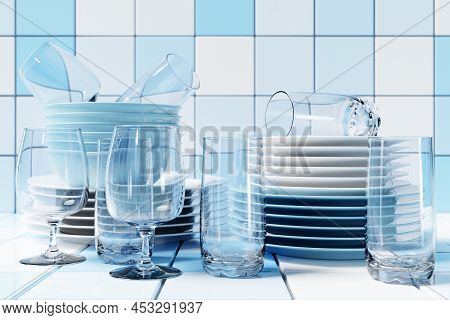 Realistic 3d Illustration Of An Empty Set Of Dishes. Clean Dishes, Folded Kitchen Utensils, Plates, 