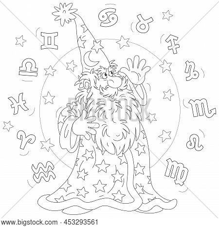 Wizard Astrologer Reciting Magic Spells And Zodiac Signs Of Constellations Flying Around Him, Black 