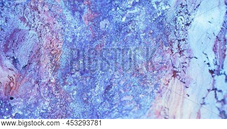 Glitter Ink Background. Dye Mix. Snow Frost. Sparkling Stone Surface. Defocused Blue Pink Color Shin