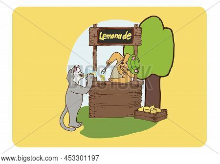 Illustration Of A Stand With Lemonade And Cats. Lemonade Stand, Lemon Crate, Ice, Buyer, Summer Time