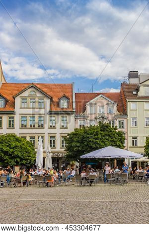 Braunschweig, Germany - July 25, 2020: People Sitting And Drinking At The Kohlmarkt Square Of Brauns