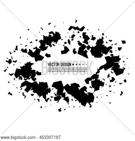 Explosive Black Banner. Vector Oval Breaking Into Small Debris With Sharp Particles.