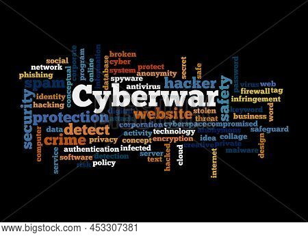 Word Cloud With Cyberwar Concept, Isolated On A Black Background.