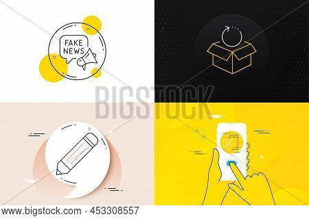 Minimal Set Of Food App, Pencil And Fake News Line Icons. Phone Screen, Quote Banners. Return Packag