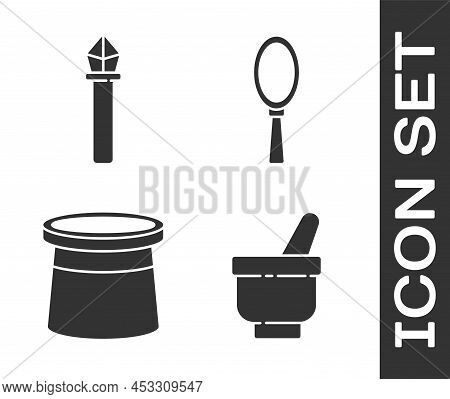 Set Magic Mortar And Pestle, Magic Staff, Magician Hat And Magic Hand Mirror Icon. Vector
