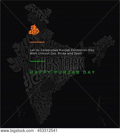 Happy Punjab Day. India Map With All States Languages Typography. Punjab Map Typography In Gurmukhi.