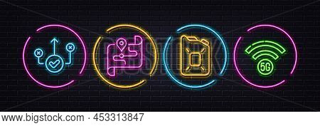 Correct Way, Map And Canister Oil Minimal Line Icons. Neon Laser 3d Lights. 5g Wifi Icons. For Web, 