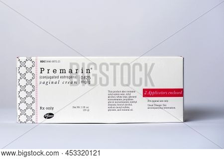 Davis, Ca, 17 January, 2022. Conjugated Estrogen, Brand Name Premarin, In A Box. Premarin Is A Post-