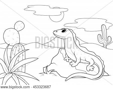 Lizard In The Desert Sits On A Stone. Children Coloring Book.