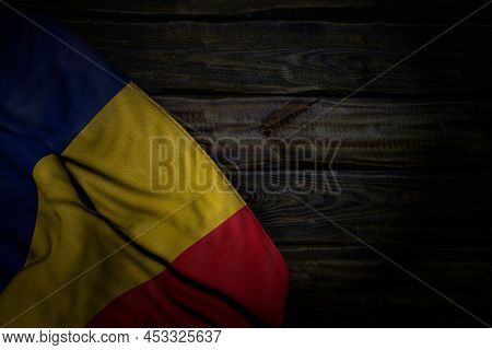 Cute Any Occasion Flag 3d Illustration
 - Dark Illustration Of Romania Flag With Large Folds On Old 