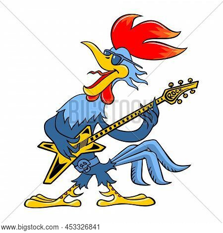 Cartoon Rooster Plays The Electric Guitar. Vector Image Of A Cheerful Rooster With A Guitar. A Funny