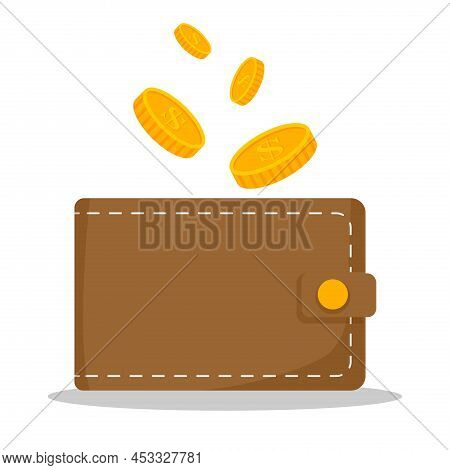 Wallet Money Coins Illustration. Wallet And Gold Coins. Money, Investment, Income, Savings, Investin
