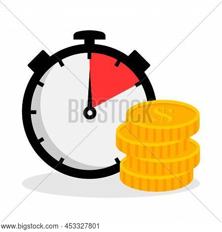 Time And Money Savings Vector Illustration, Flat Cartoon Timer Or Alarm Clock With Lots Of Cash, Fin