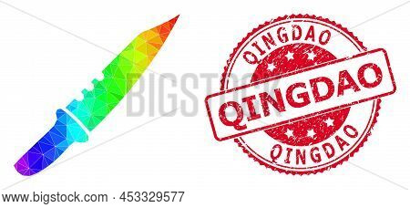 Red Round Textured Qingdao Stamp Seal And Low-poly Knife Icon With Spectral Colorful Gradient. Trian