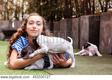 Beautiful Young Girl Having Fun With Her Small French Braque Puppies