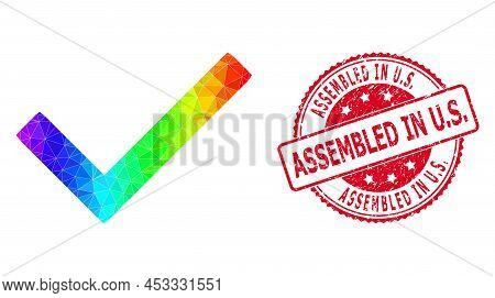 Red Round Corroded Assembled In U.s. Badge And Lowpoly Yes Tick Icon With Spectrum Colorful Gradient