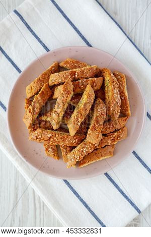 Homemade Italian Cantuccini With Pistachios And Citron On A Plate, Top View. Crispy Pistachio And Ci