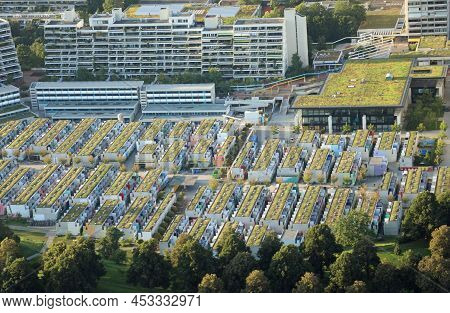 Munich, Munich, Germany - August 25, 2021: Top View Of The Olympic Village With Houses And Apartment