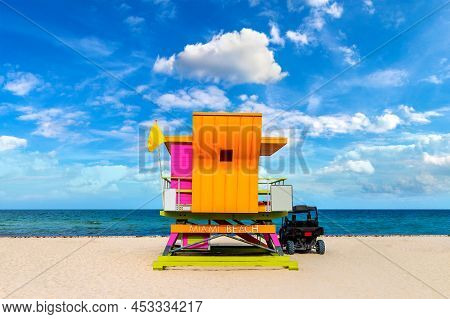 Lifeguard Tower And A Beach Rescue Car In South Beach, Miami Beach In A Sunny Day, Florida