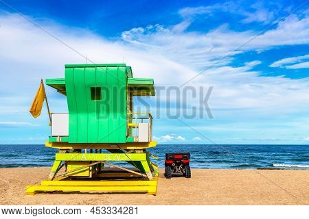 Lifeguard Tower And A Beach Rescue Car In South Beach, Miami Beach In A Sunny Day, Florida