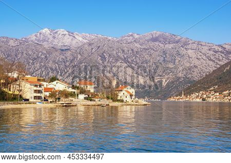 Beautiful Mediterranean Landscape  On Sunny Spring Day. Montenegro, Adriatic Sea. View Of Kotor Bay 
