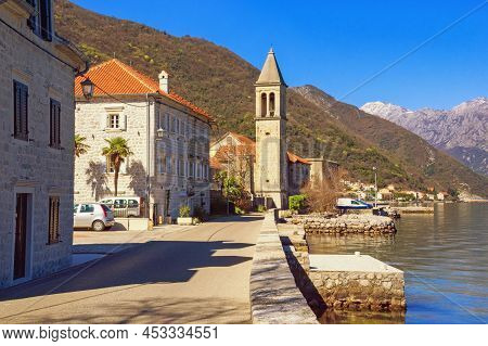 Sunny Spring Day In Mediterranean Village. Montenegro, Adriatic Sea, Bay Of Kotor. Street In Stoliv 
