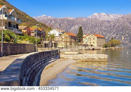 Spring Mediterranean Landscape. Montenegro, Adriatic Sea, Bay Of Kotor. Street In Stoliv Village