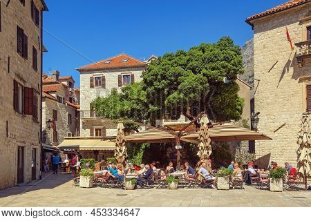 Kotor, Montenegro - April 12 2022: View Of Old Town Of Kotor, St Tryphon Square. Montenegro