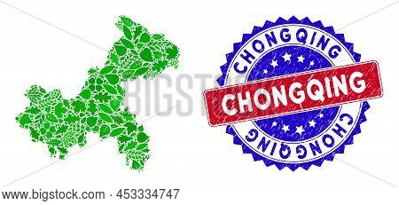 Eco Chongqing City Map Collage Of Herbal Leaves In Green Color Shades And Grunge Bicolor Chongqing S