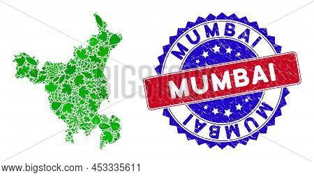 Eco Haryana State Map Collage Of Herbal Leaves In Green Color Shades And Grunge Bicolor Mumbai Seal 