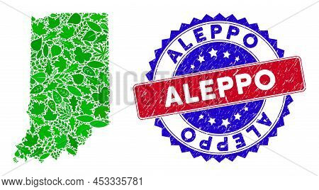Ecology Indiana State Map Collage Of Floral Leaves In Green Color Tints And Grunge Bicolor Aleppo Se