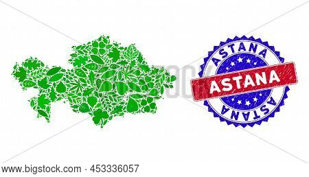 Eco Kazakhstan Map Collage Of Plant Leaves In Green Color Hues And Grunge Bicolor Astana Seal Stamp.
