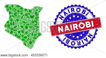 Eco Kenya Map Collage Of Herbal Leaves In Green Color Variations And Grunge Bicolor Nairobi Seal. Re