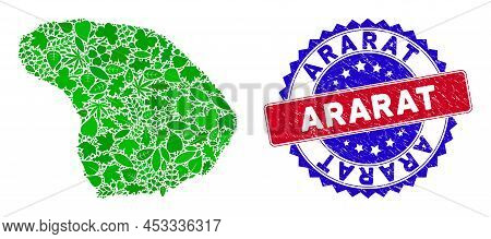Ecology Lanai Island Map Collage Of Plant Leaves In Green Color Tones With Grunge Bicolor Ararat Sea