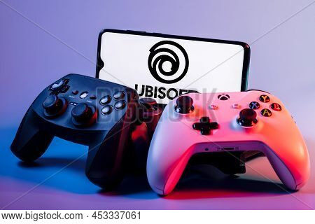 Kazan, Russia - Apr 15, 2022: Ubisoft Is French Video Game Company. Smartphone With Ubisoft Logo On 