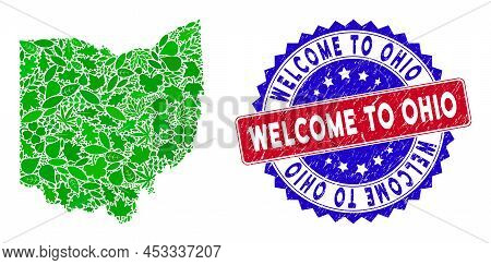 Eco Ohio State Map Collage Of Herbal Leaves In Green Color Tones And Grunge Bicolor Welcome To Ohio 