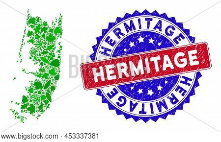 Eco Pemba Island Map Mosaic Of Floral Leaves In Green Color Tones With Grunge Bicolor Hermitage Seal