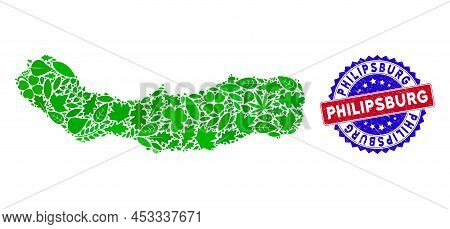 Eco Sao Miguel Island Map Collage Of Plant Leaves In Green Color Tints And Grunge Bicolor Philipsbur