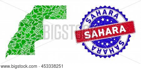 Ecology Western Sahara Map Collage Of Floral Leaves In Green Color Tinges And Grunge Bicolor Sahara 