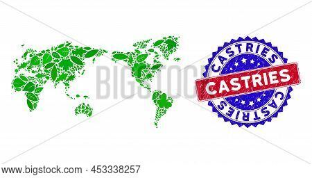 Eco World Map Collage Of Floral Leaves In Green Color Tints And Grunge Bicolor Castries Seal. Red An