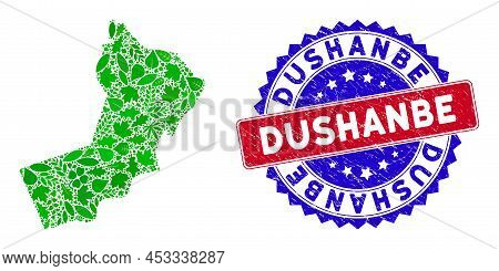 Ecology Yemen Map Collage Of Floral Leaves In Green Color Tinges With Grunge Bicolor Dushanbe Seal. 